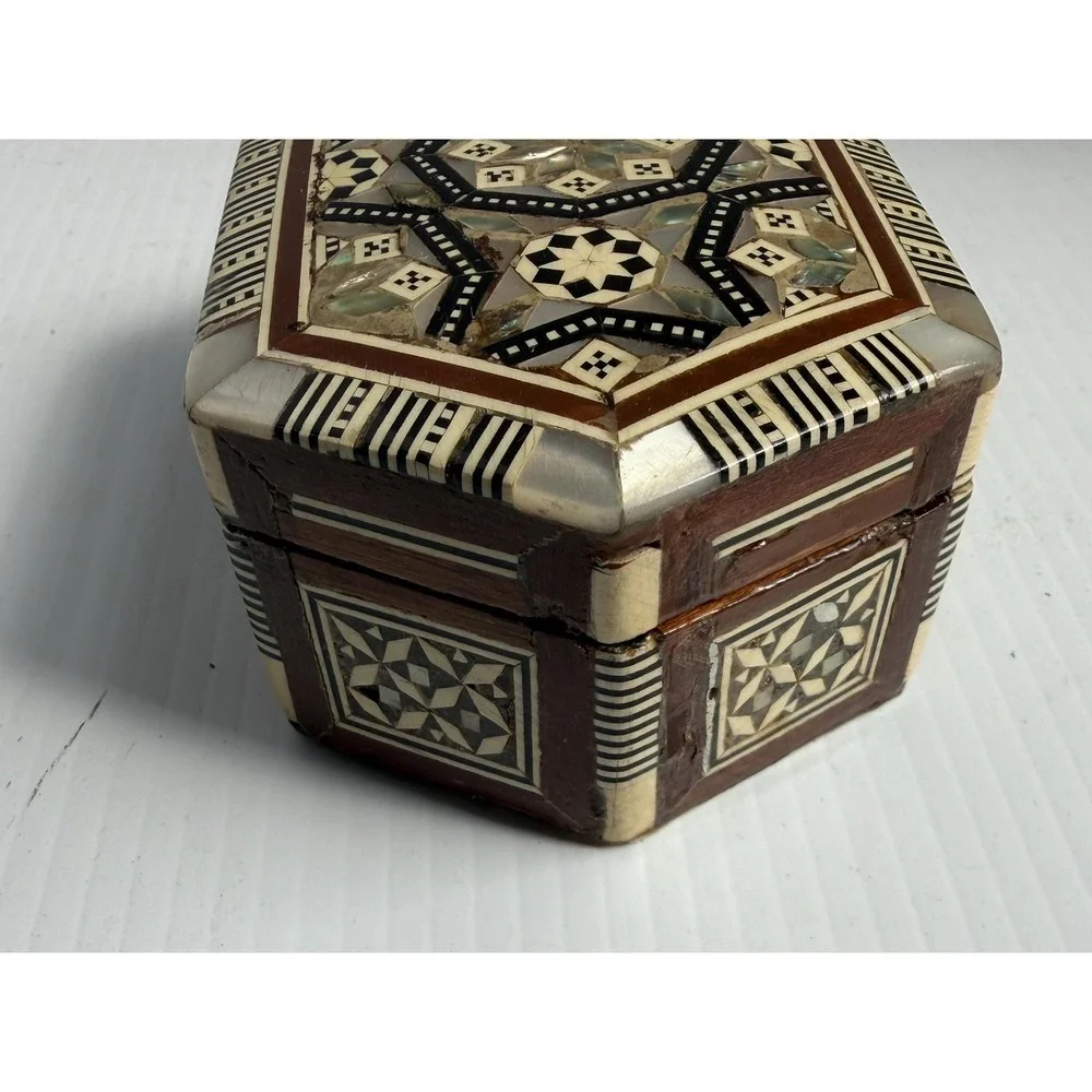 Vintage Egyptian Handmade Wood Jewelry Box Hexagon Mother of Pearl Inlay Mosaic